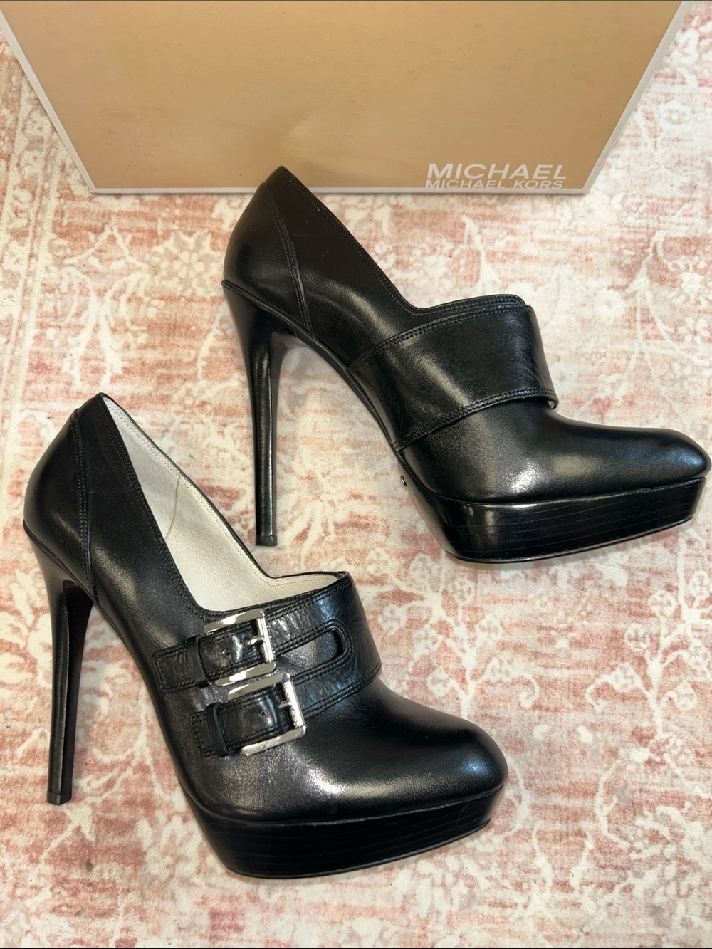 MICHAEL Michael Kors Black Leather Platform Stiletto Pumps with Double Buckles - Picture 3 of 8